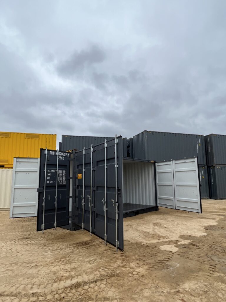 Black 20’HC Side Opening Container with both doors open, showing an empty interior