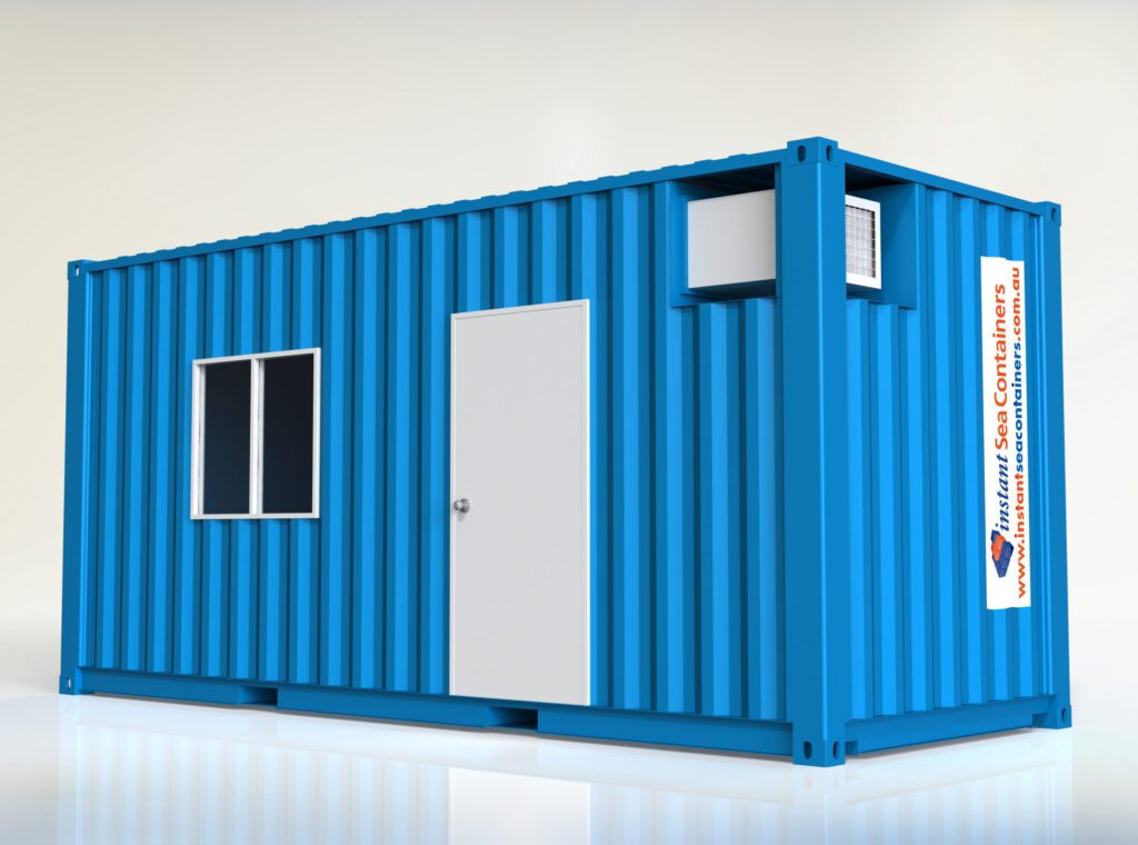 Blue 20HC Container Office with window, door, and air vent, featuring Instant Sea Containers