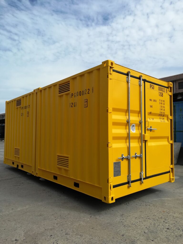 Connected yellow 10’HC Dangerous Goods Shipping Container with locks.