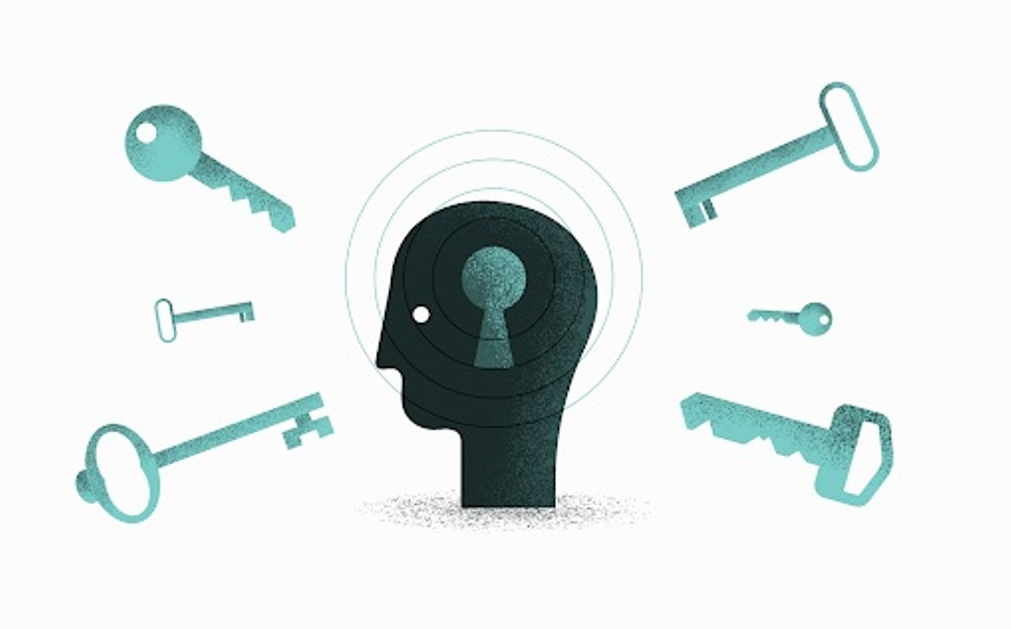 Illustration of a human head silhouette in profile with a keyhole on the forehead, surrounded by various floating keys.