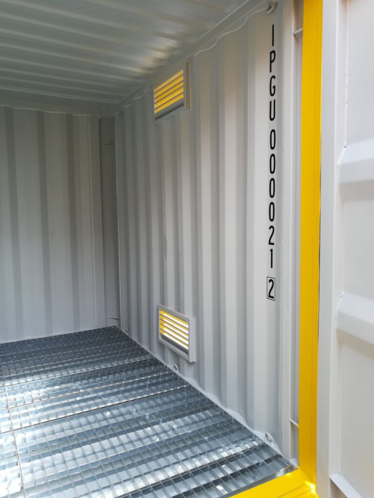 Inside view of yellow 10’HC Dangerous Goods Shipping Container with metal floor