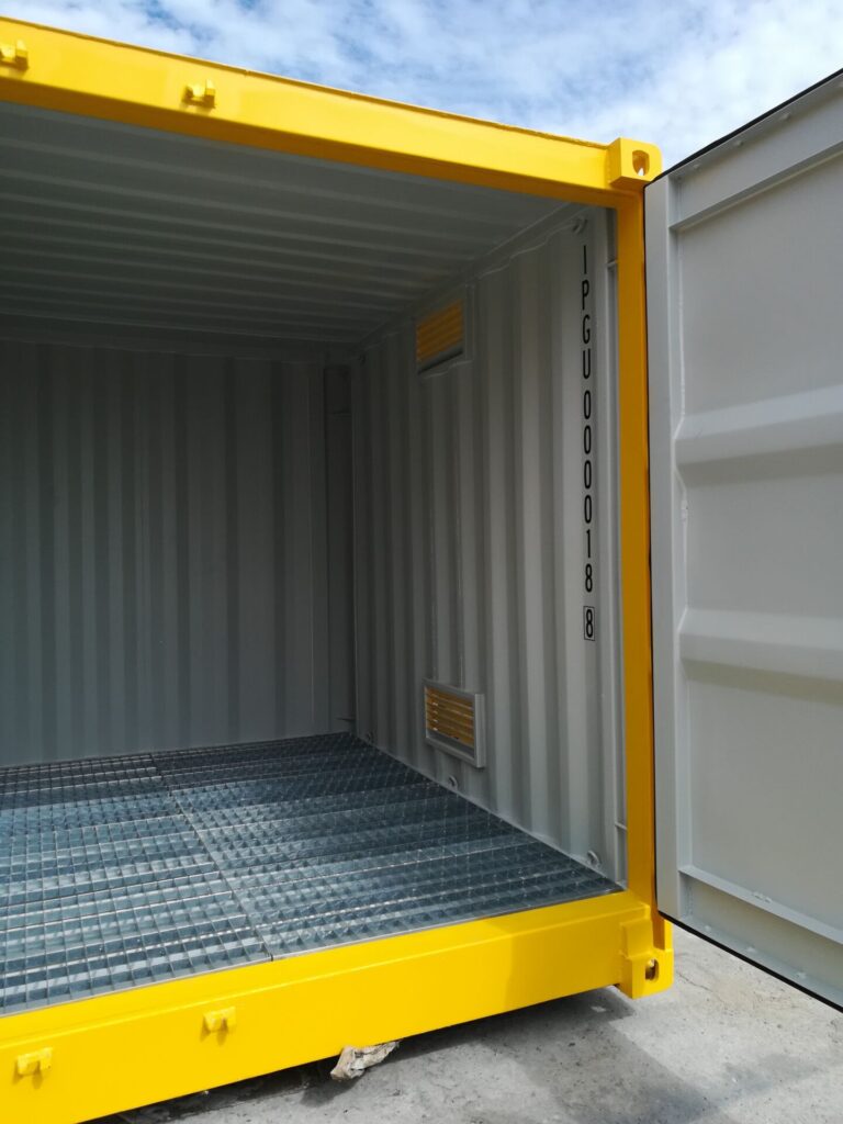 Open yellow 10’HC Dangerous Goods Shipping Container with metal floor grating.