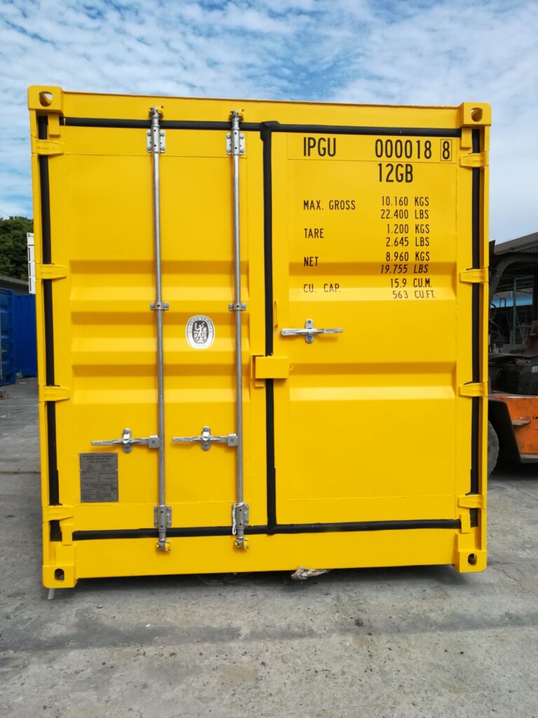 Yellow 10’HC Dangerous Goods Shipping Container front view with forklift ne (1)