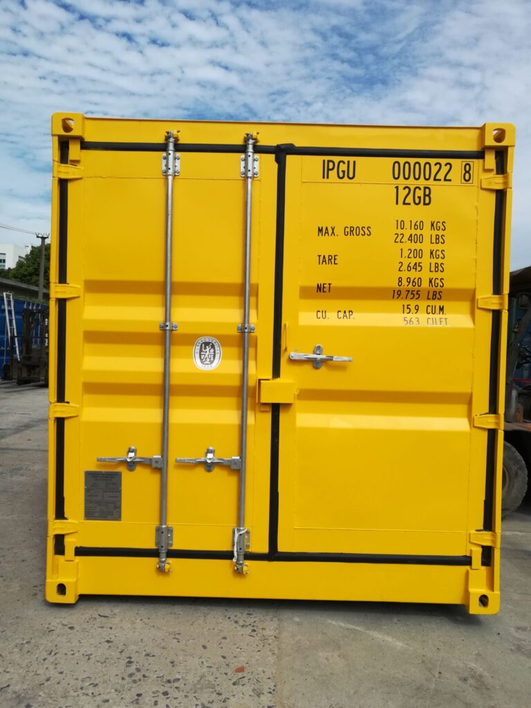 Yellow 10’HC Dangerous Goods Shipping Container front view with forklift nearby