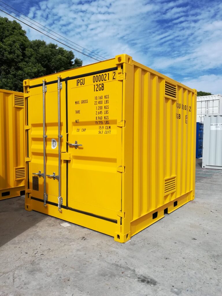 Yellow 10’HC Dangerous Goods Shipping Container outdoors with specifications.