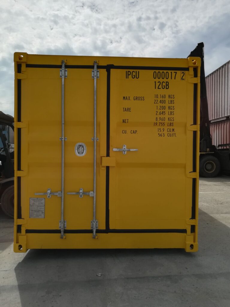 Yellow 10’HC Dangerous Goods Shipping Container with weight specifications.