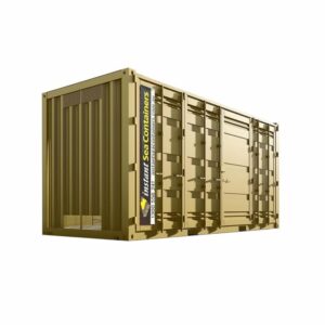 Isolated gold-colored shipping container with branding and ventilation panels on