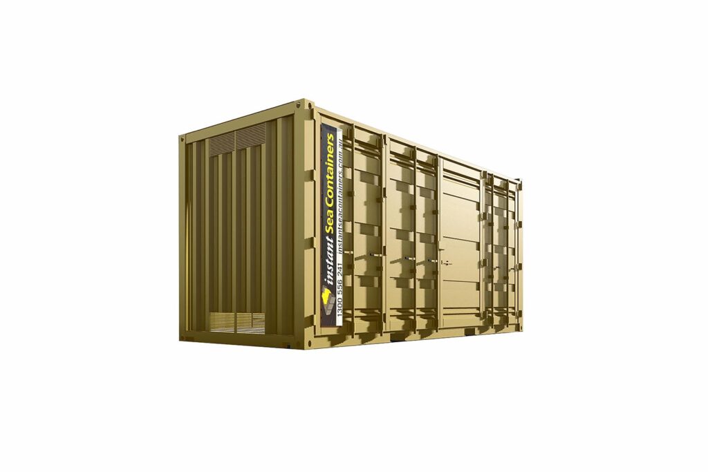 Isolated gold-colored shipping container with branding and ventilation panels on