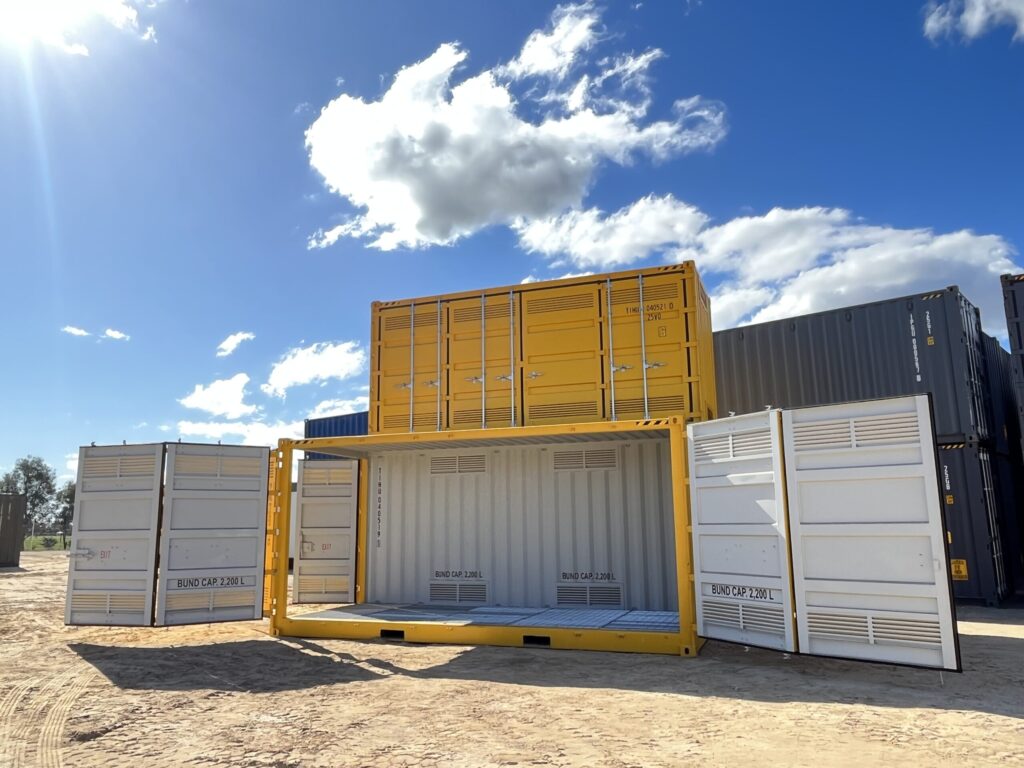 Open shipping container with ventilation panels and bund capacity markings, surr