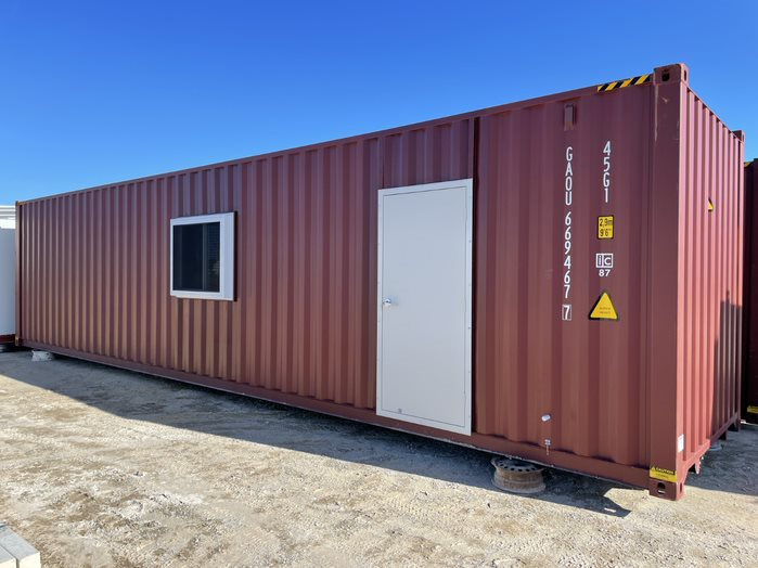 Shipping Container Office with added features like a door and window, suitable for use as a portable office or living space