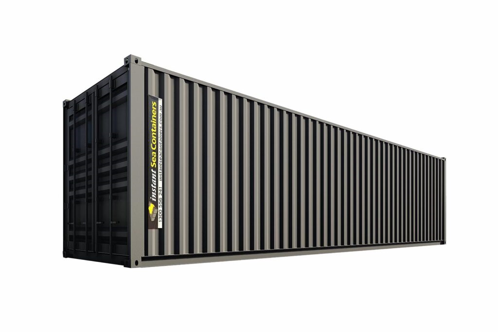 Large black shipping container with closed doors, featuring a company logo and contact information on its side.