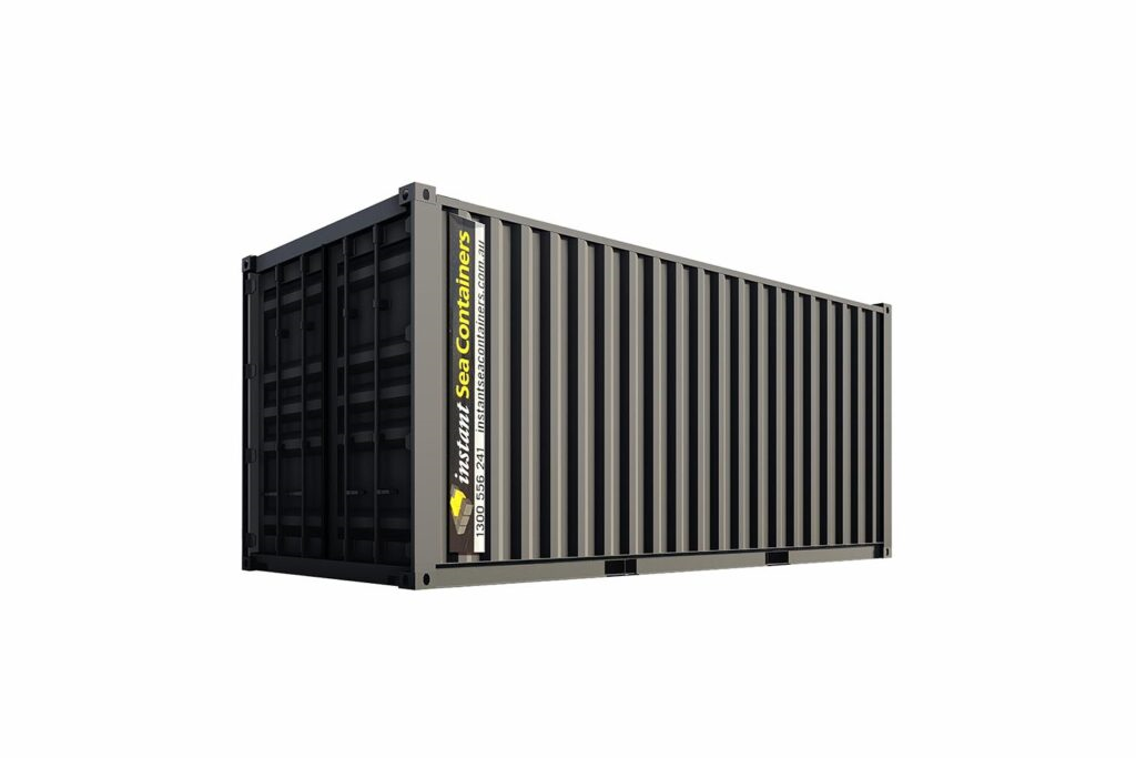 Standard black shipping container with company branding and contact details displayed on its side.